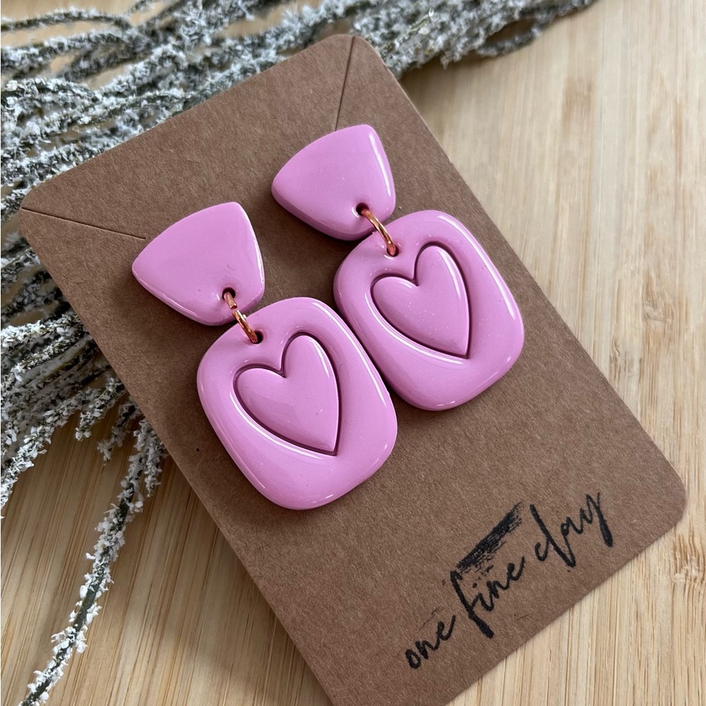 Soft Pink Heart Engraved Clay & Resin Earrings